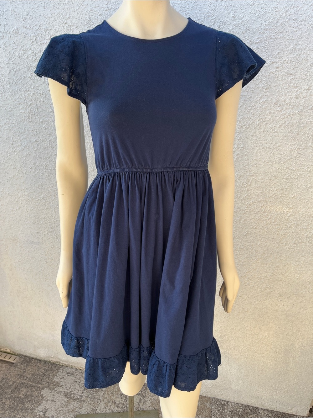 LAND’S END navy blue dress eyelet flutter sleeves drop elastic waist SZ:14 NWOT